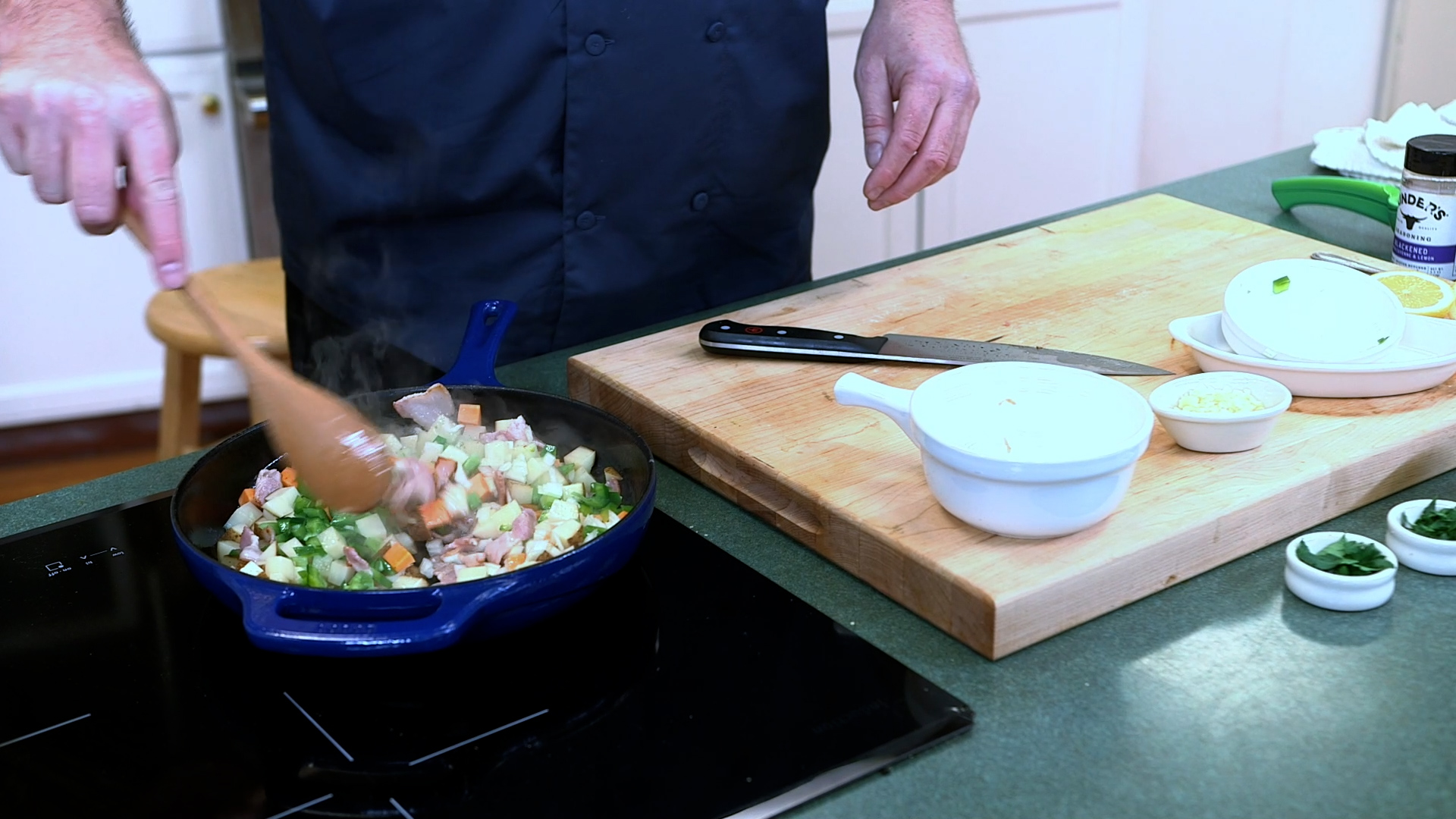onion, bell pepper and garlic in the pan for skillet hash