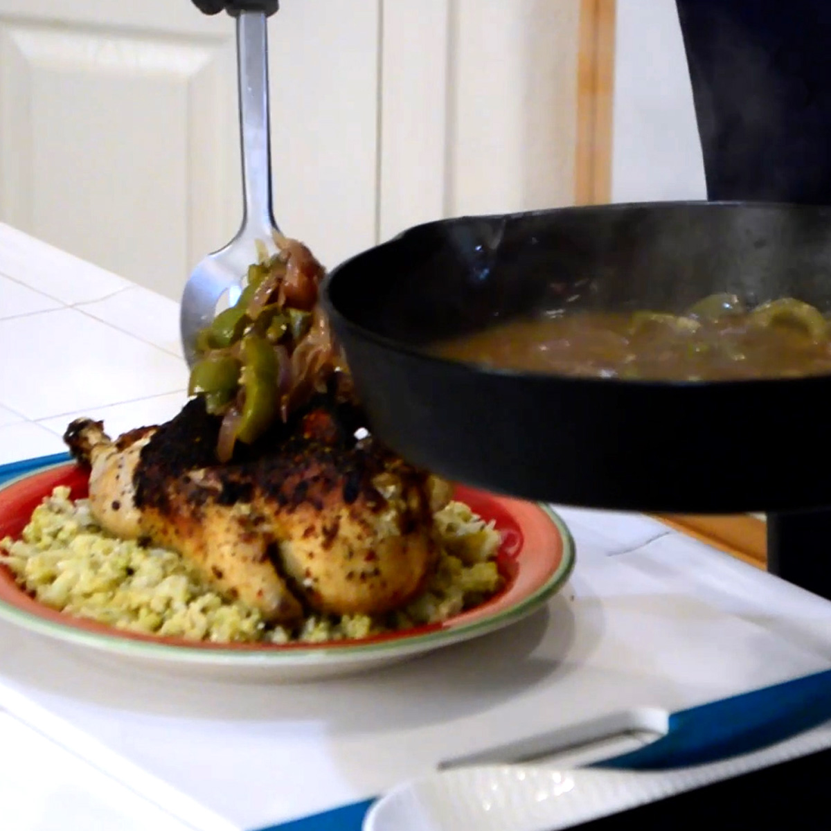 brick chicken adding reduced vegetables