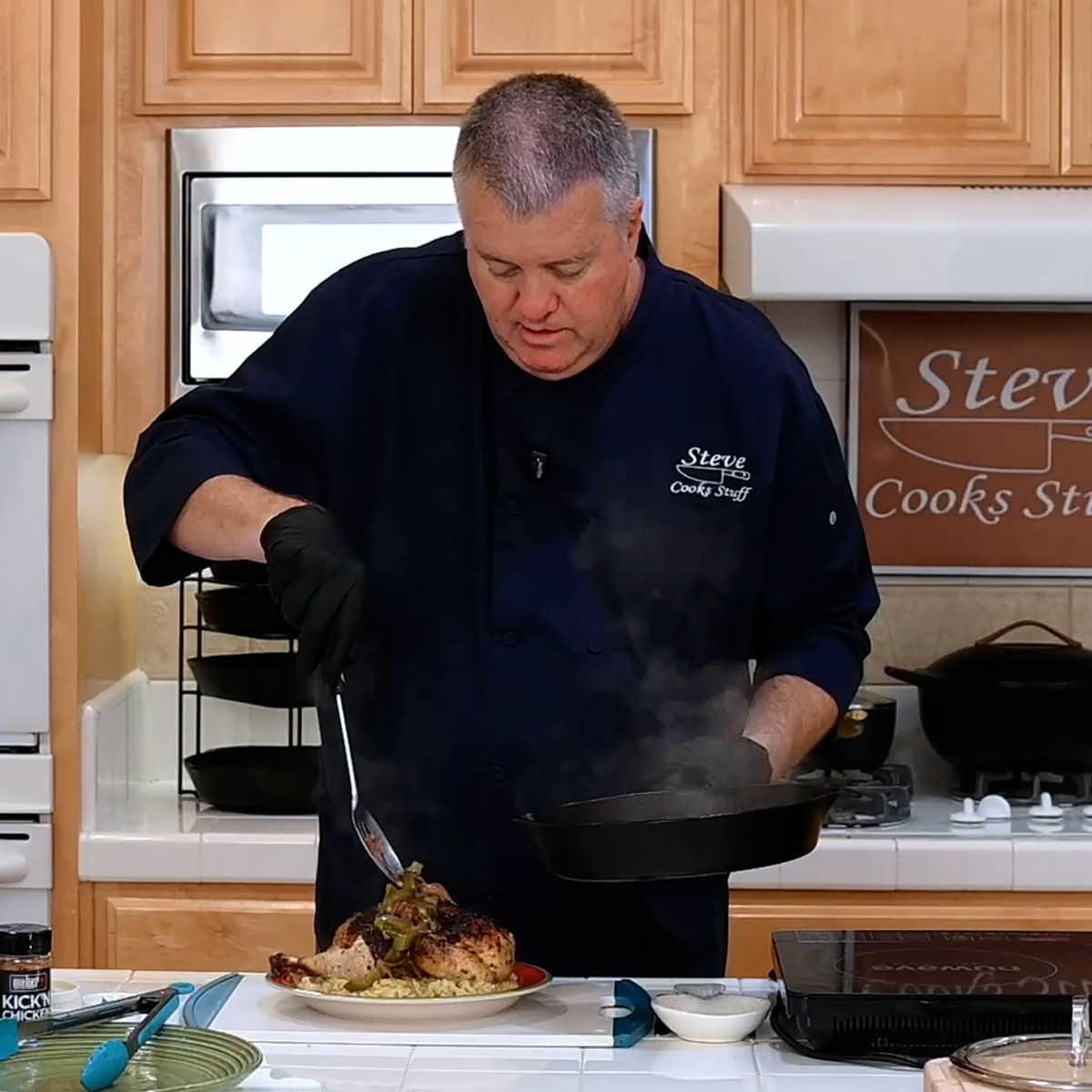 brick chicken adding vegitable to chicken